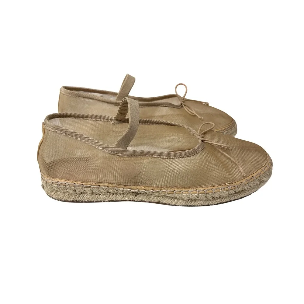Loeffler Randall Kayla Flat Espadrilles Women 9 Mesh Tan Mary Jane Ballet Boho